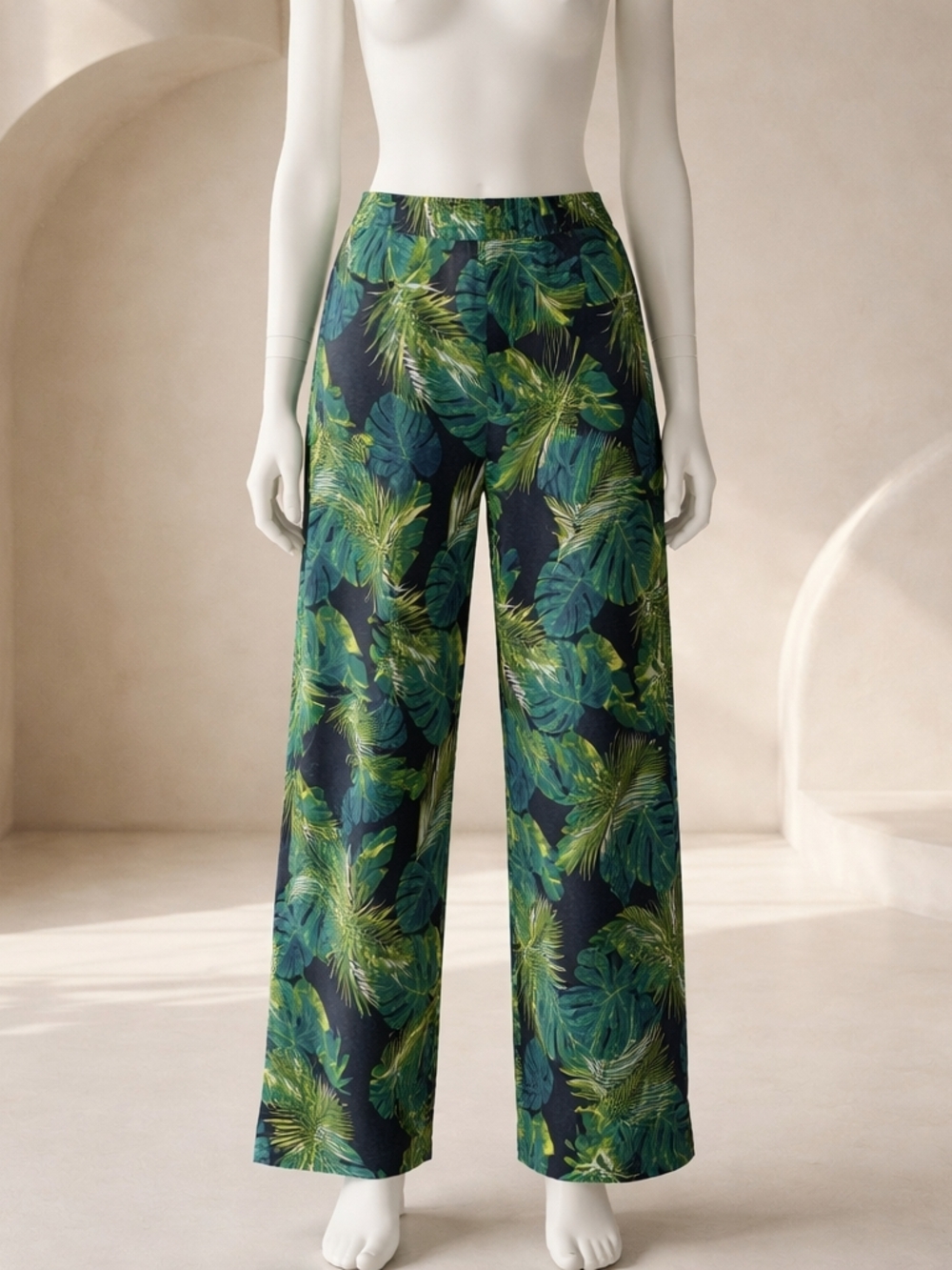 Wide Leg Tropical Print Pants - Green Leaf